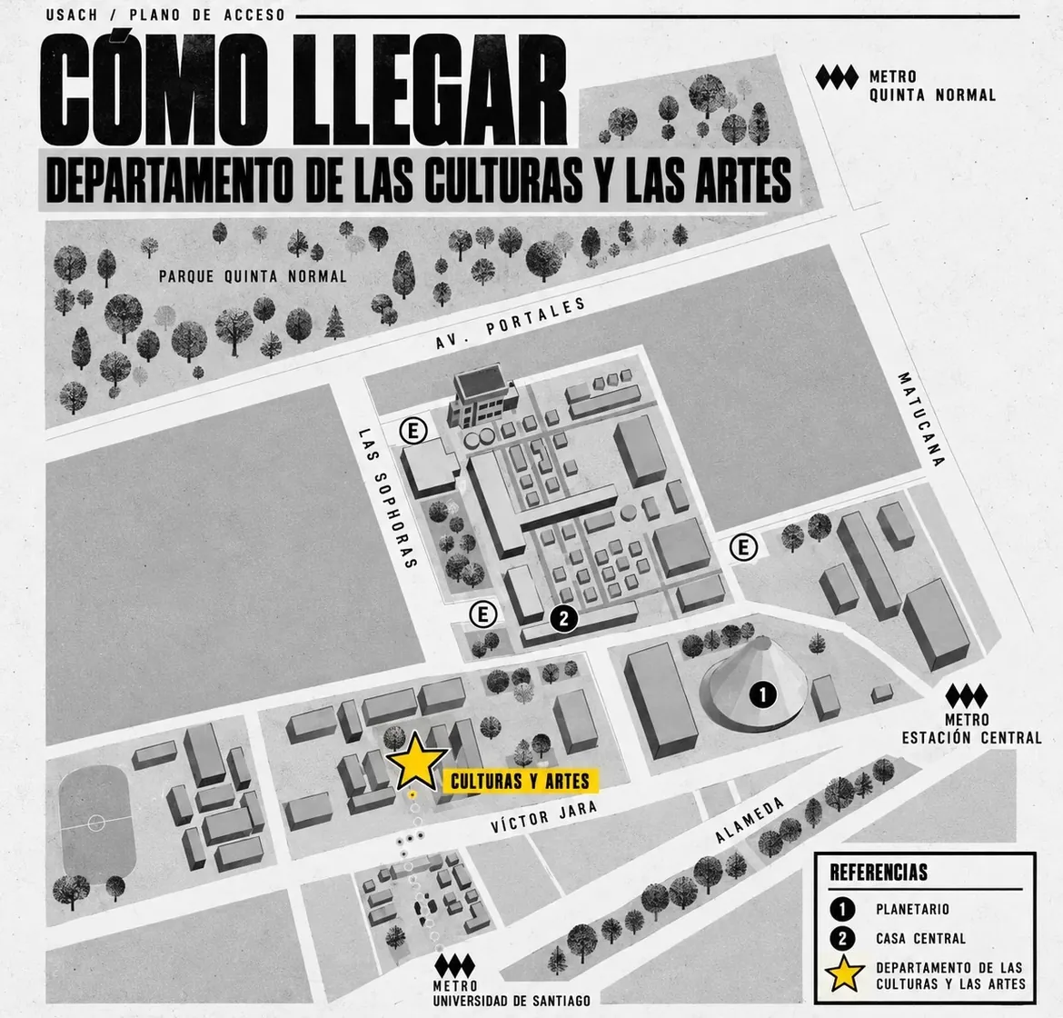 Plano de acceso a la USACH: el Departamento de las Culturas y las Artes, marcado con una estrella, está junto a la calle Víctor Jara, a pocos pasos de la salida del metro Universidad de Santiago. También se ven el Planetario, la Casa Central, el Parque Quinta Normal y los metros Estación Central y Quinta Normal.